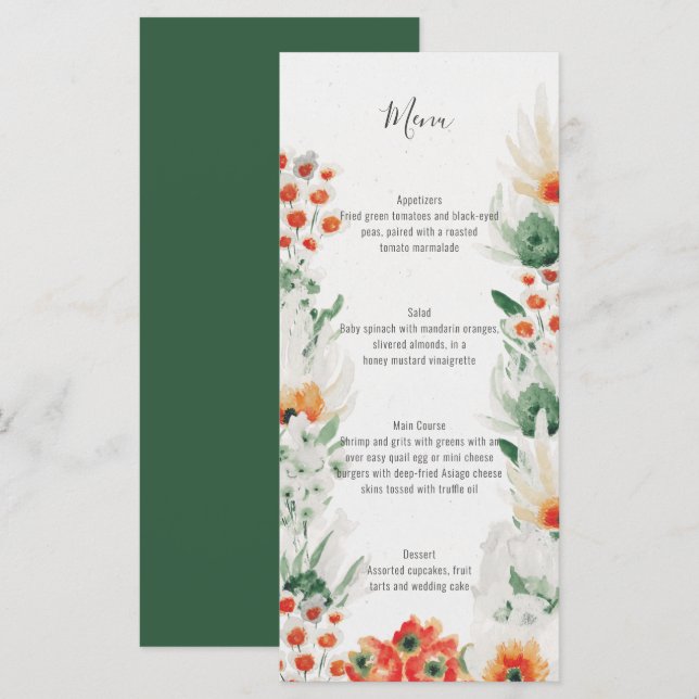 Menu Vert orange blanc Aquarelle Mariage Floral | (Devant / Derrière)