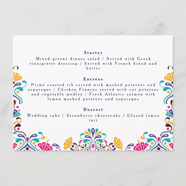 Menu Vibrant mexicaine Fiesta Style Mariage arc-en-ciel (Devant)