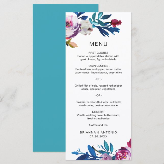 Menu Vibrant Turquoise rose rose floral moderne Mariage (Devant / Derrière)
