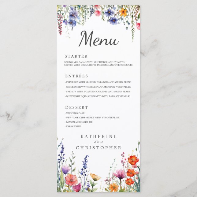 Menu Vibrant Watercolor Wildflowers Elegant Wedding (Devant)