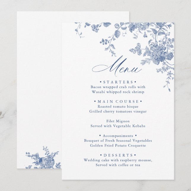 Menu Victorian Dusty Blue French Garden Floral Mariage (Devant / Derrière)