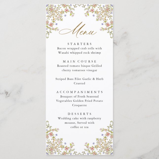 Menu Victorian Ornate Grace Bohemian Dîner Mariage (Devant)