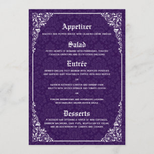 Menu victorien gothique pourpre de mariage damassé