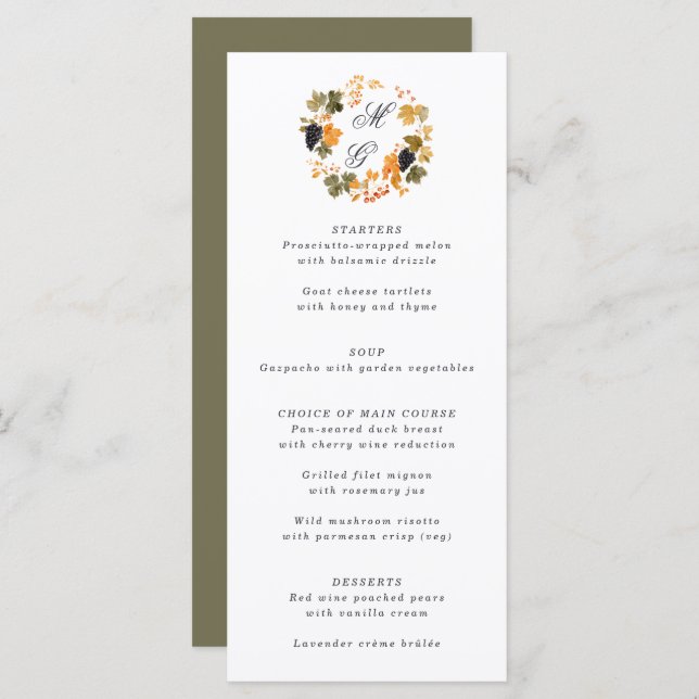 Menu Vignoble Monogram Fall Wreath Vineyard Mariage (Devant / Derrière)