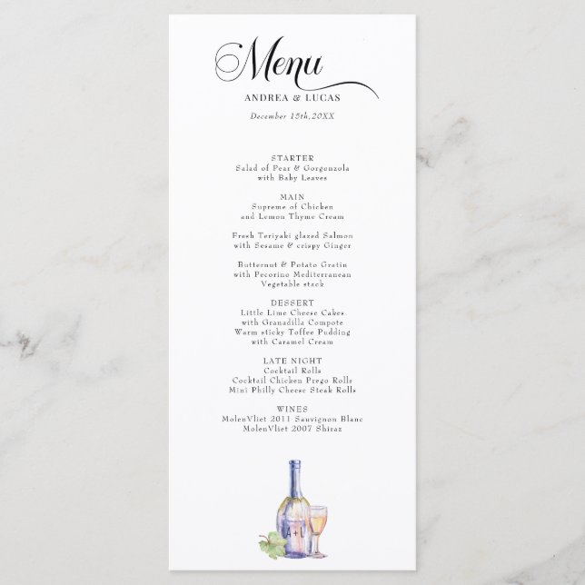 Menu Vin aquarelle | Elegant Engagement Party (Devant)