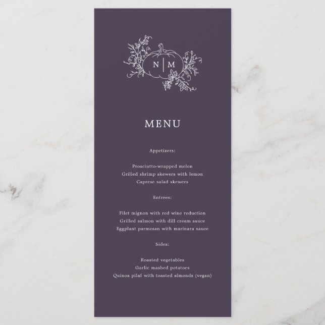 Menu Vins citrouilles Plum foncé violet Monogramme Mari (Devant)