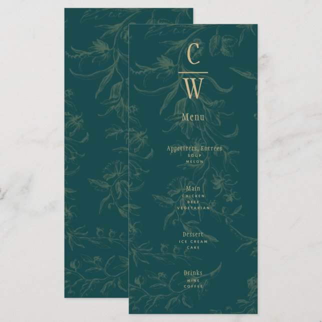 Menu Vintage BOTANIQUE TURQUOISE OR Mariage (Devant / Derrière)