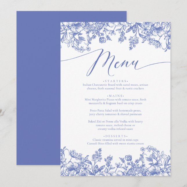 Menu Vintage Dusty Blue Floral Chinoiserie Botanique (Devant / Derrière)
