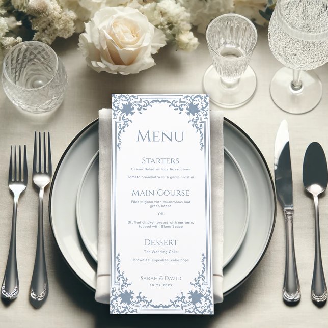 Menu Vintage Dusty Blue Mariage Antique Frame Blanc (Créateur téléchargé)