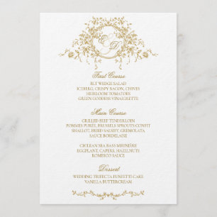 Menu Vintage Français Élégant or Flora Monogram Mariage