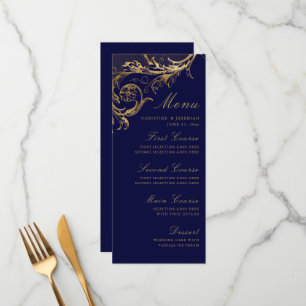 Menu vintage Marine Blue Gold Floral Mariage damas