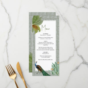 Menu Vintage Peacock Feather Tropical Greenery Mariage