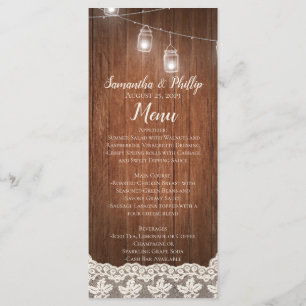Menu Vintage String Lights Mason Jar Lace Mariage en bo