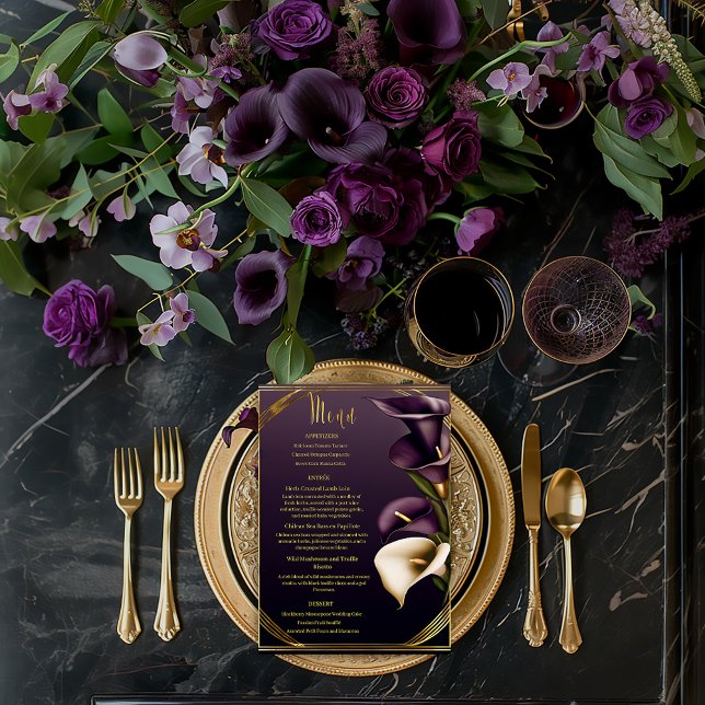 Menu Violet élégant violet et or Calla Lily Mariage (Stunning Gold and Violet Purple Wedding Menu )