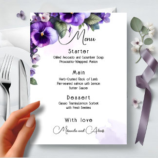 Menu Violet et argent floral sur fond ivoire