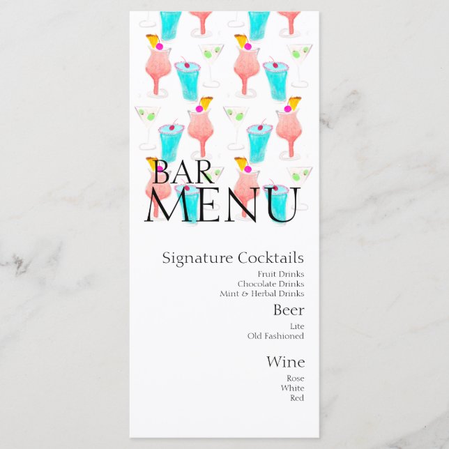 Menu Watercolor Bar Boire Cocktail Vin Mariage (Devant)