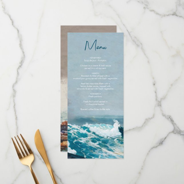 Menu Watercolor Beach Ocean Waves Monogram Mariage (Devant/Arrière en situation)
