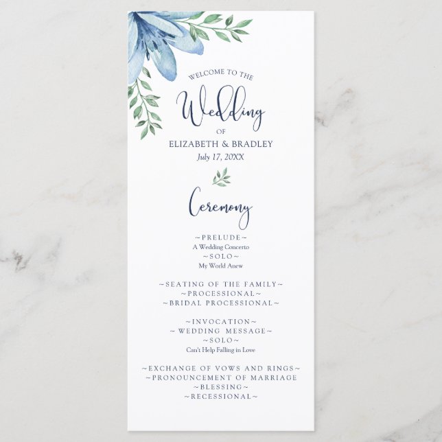 Menu Watercolor Blue Blooms & Greenery Wedding Programm (Devant)