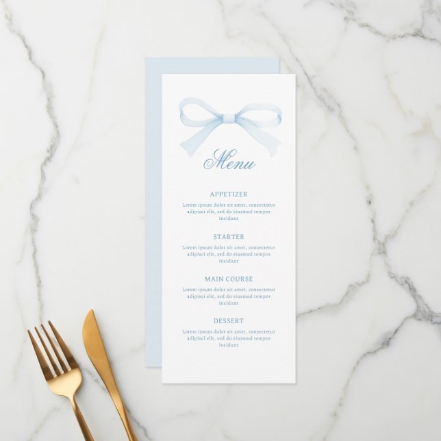 Menu Watercolor Blue Bow Classic (Devant/Arrière en situation)