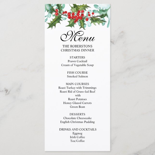 Menu Watercolor Holly et Berries Noël Party (Devant)