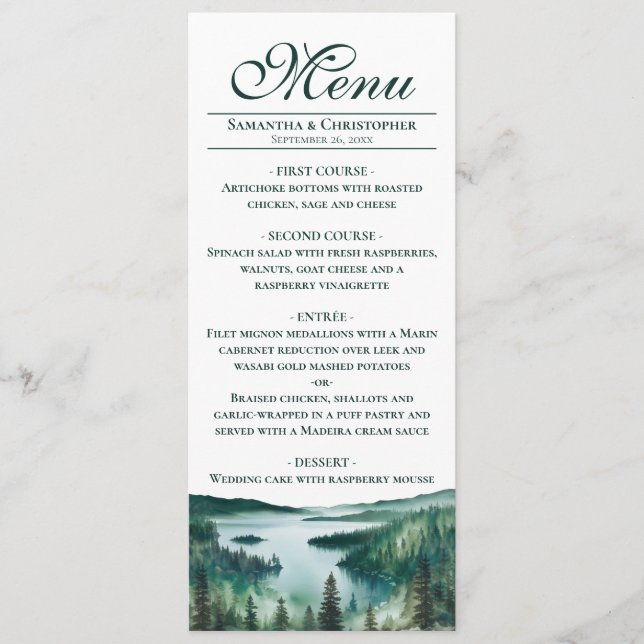 Menu Watercolor Lake Tahoe Elegant Rustic Wedding (Devant)