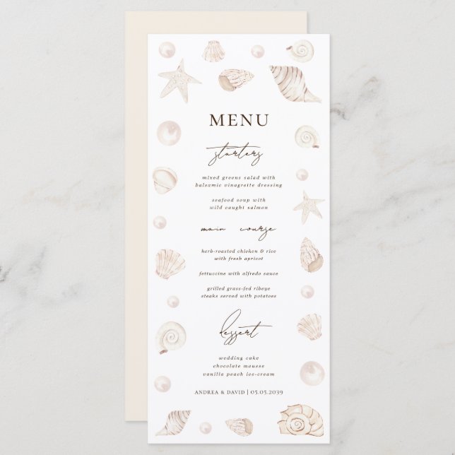 Menu Watercolor Seashells Pearls Beach Nautical Wedding (Devant / Derrière)