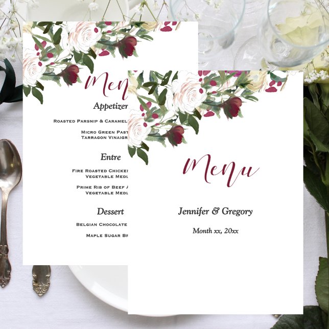 Menu Watercolor White Roses with Cranberry Wedding (Watercolor White Roses with Cranberry Wedding Menu)