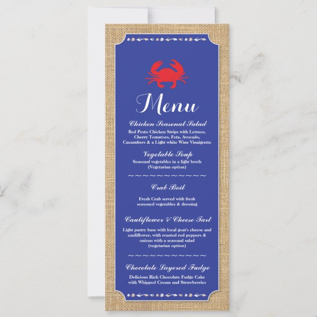 Menu Wedding Reception Crab Boil Beach Invitation (Front)