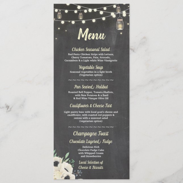 Menu Wedding Reception Fireflies Jars Chalk Cards (Front)
