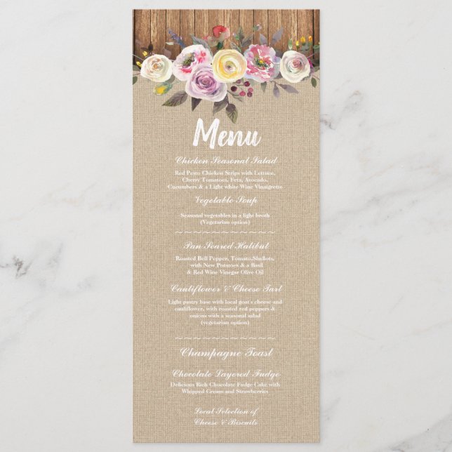 Menu Wedding Reception Rustic Burlap Wood Floral (Front)