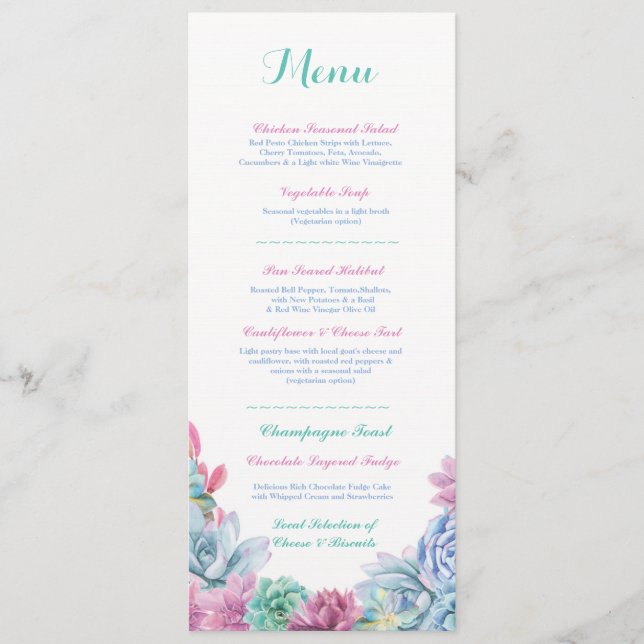 Menu Wedding Reception Rustic Pastel Succulents (Front)