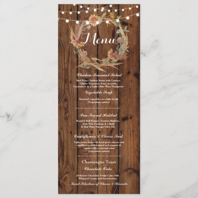Menu Wedding Reception Rustic Wood Fall Lights (Front)