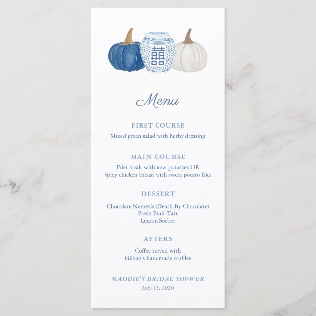 Menu Wedding shower Citrouille De La Chinoiserie Bleue  (Devant)