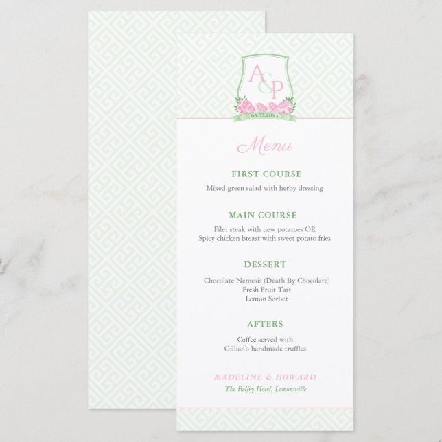 Menu Wedding shower de crête des couples rose pâle (Devant / Derrière)