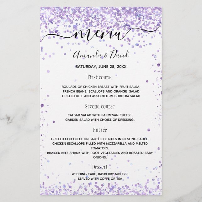 Menu wedding violet white glitter script (Front)