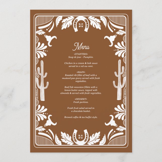 Menu Western Country Cowboy Rustique Mariage (Devant)