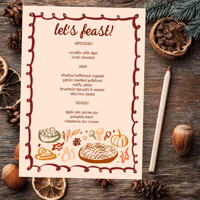 Menu Whimsgiving Vacances Thanksgiving Végétarien CUSTO (Whimsical Thanksgiving Holiday Vegetarian Vegan Doodle Sketch CUSTOM Menu
)