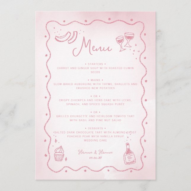 Menu Whimsical Blush rose main tiré Mariage alimentaire (Devant)