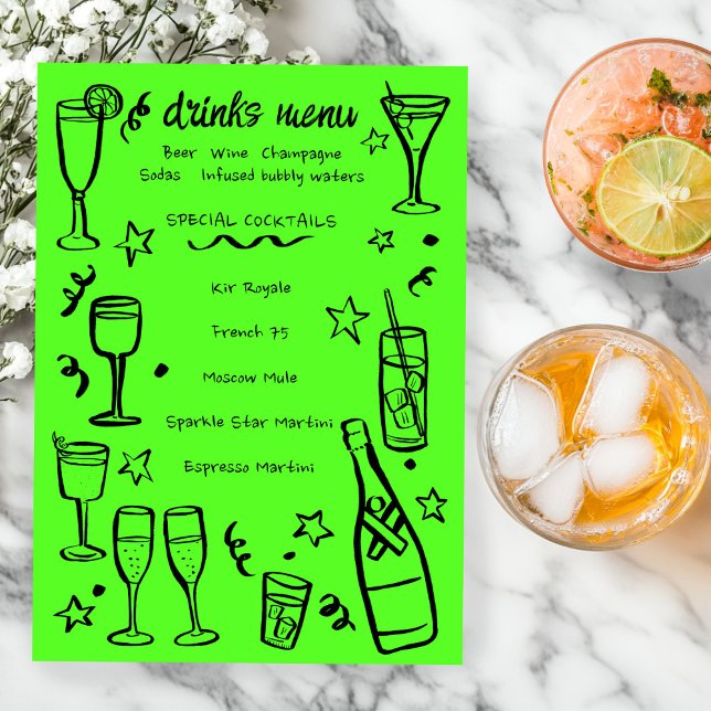 Menu Whimsical NEW YEAR Party Cocktail Drinks Custom  (Whimsical NEW YEAR Party Cocktail Drinks Custom Menu Neon Lime Green 
)