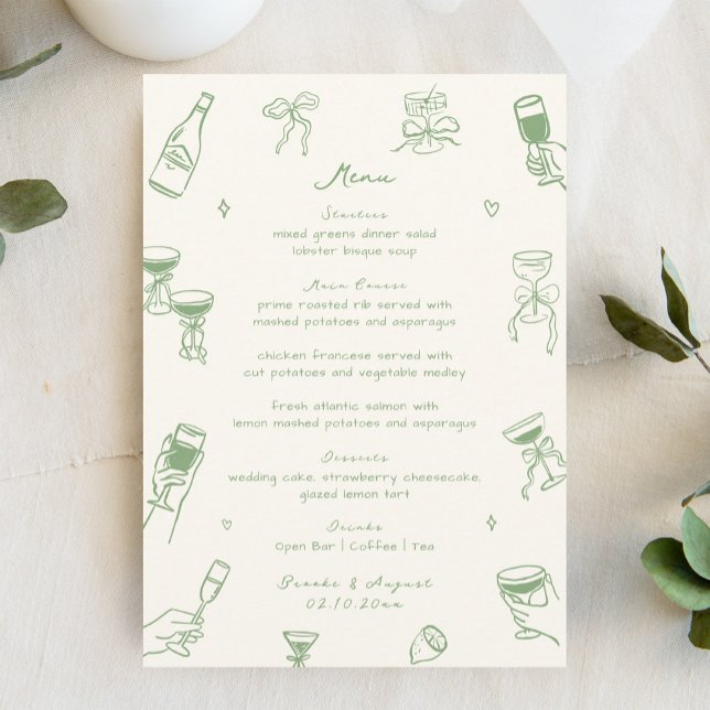 Menu Whimsical Quirky Main tiré Mariage vert (Créateur téléchargé)