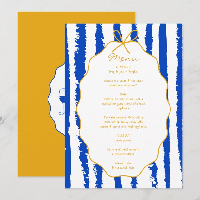 Menu Whimsical Stripes Handwritten Painted Wedding  (Devant / Derrière)