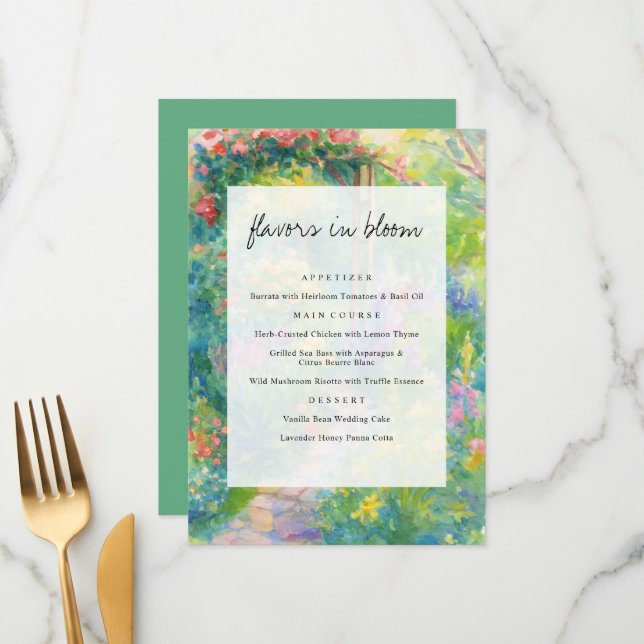 Menu Whimsical Watercolor Garden Themed Wedding (Devant/Arrière en situation)