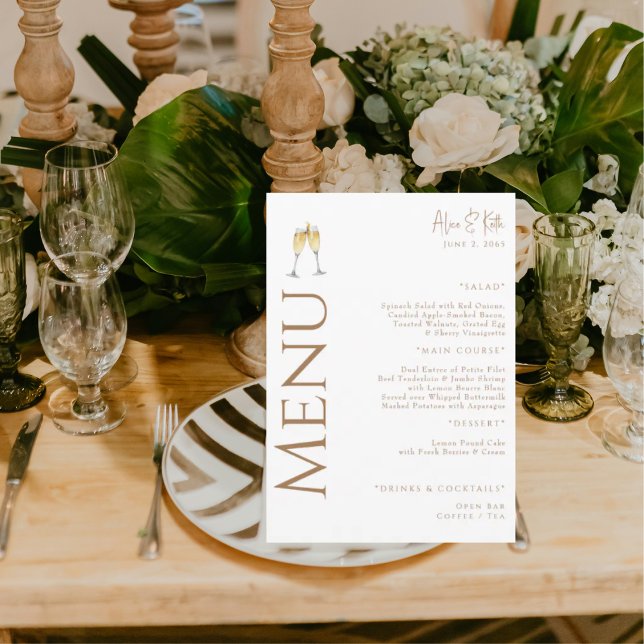 Menu White Champagne Toast Gold texte Partie d'engageme (Créateur téléchargé)
