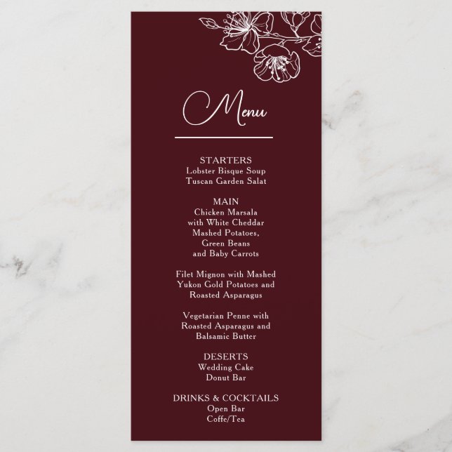 Menu White Line Art Flowers Deep Burgundy Wedding (Devant)