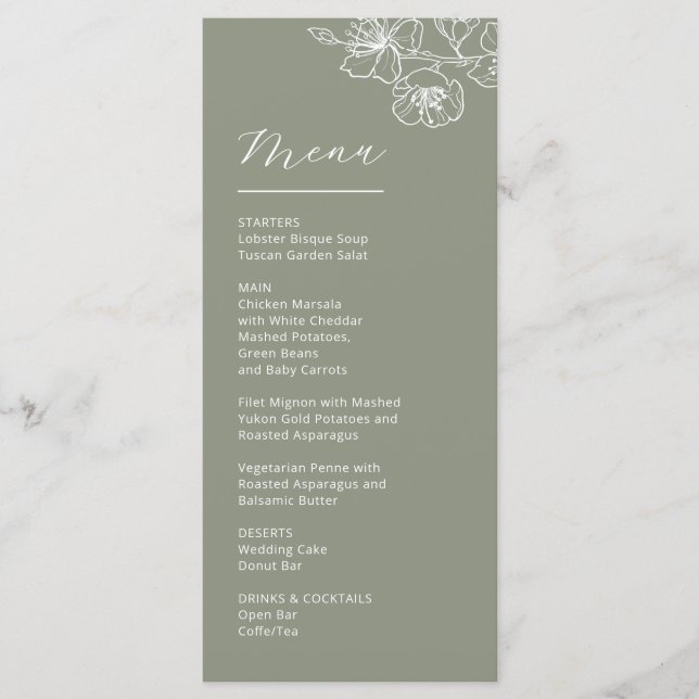 Menu White Line Art Flowers Sage Green Wedding (Devant)