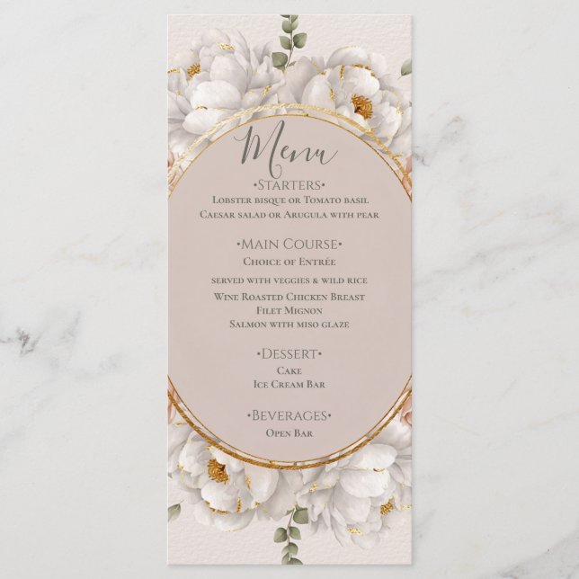 Menu White Peony & Blush Rose Floral Wedding  (Devant)