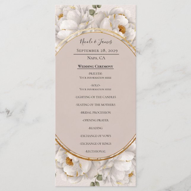 Menu White Peony & Blush Rose Floral Wedding Program (Devant)