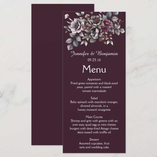 Menu Wine, Dusty Purple, Dark Teal Wedding | (Devant / Derrière)