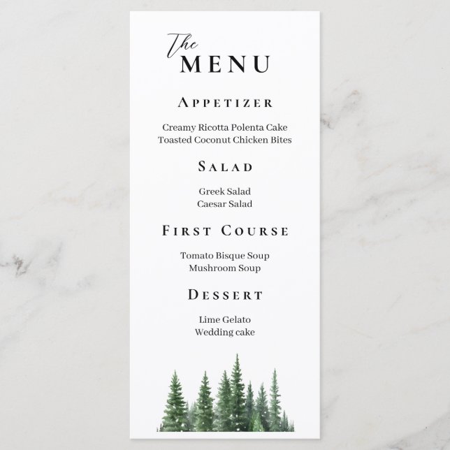 Menu Winter Watercolor Forest Mariage élégant (Devant)