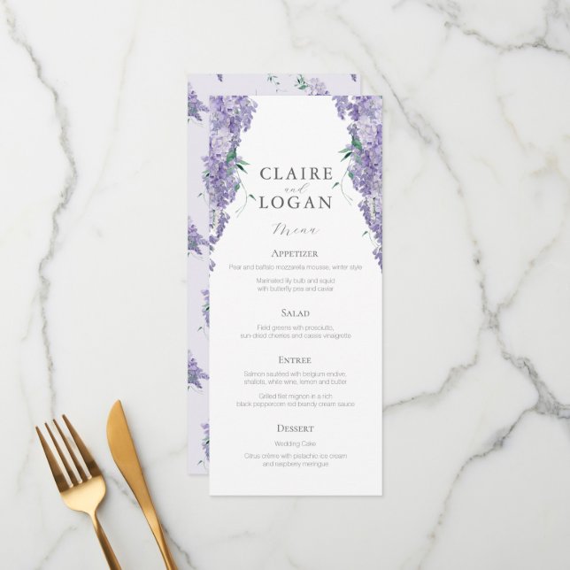 Menu Wisteria Dusty Purple Mariage d'aquarelle (Devant/Arrière en situation)